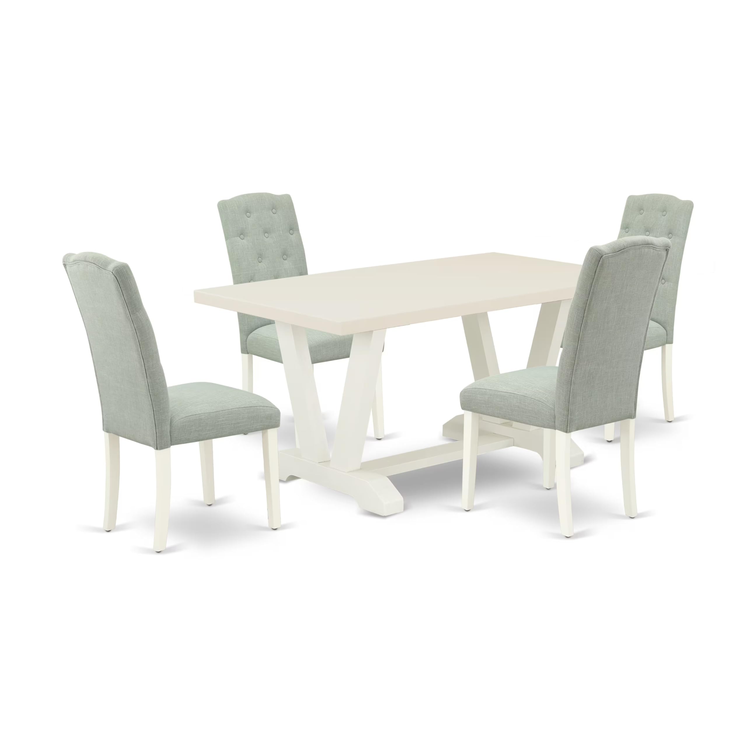 East West Furniture V026Ce215-5 5 Piece Dining Room Furniture Set Includes A Rectangle Dining Table With V-Legs And 4 Baby Blue Linen Fabric Upholstered Chairs, 36X60 Inch, Multi-Color
